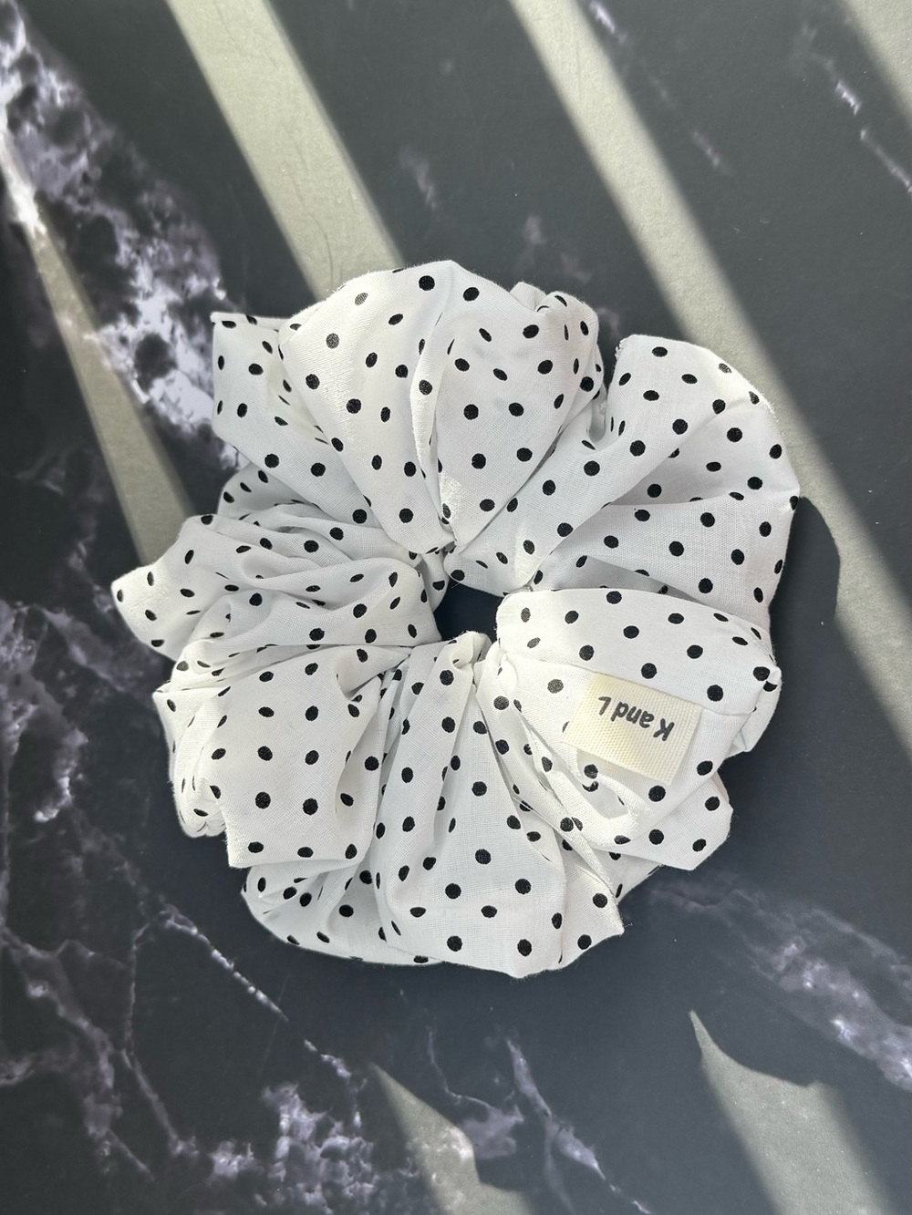 White and Black Polka Dot  Scrunchie